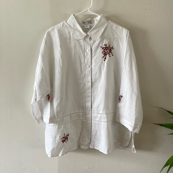 Jennifer Button-Up Shirt Womens 2X White 100% Ramie Flower Embroidered Lagenlook - Picture 1 of 8